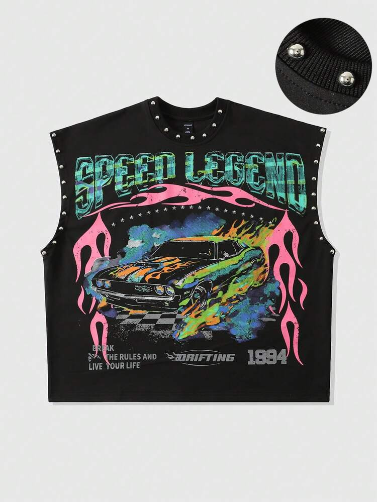 ROMWE MEN Street Life Men's Letter & Racing Car Print Round Neck Rivet Loose Tank Top Spring/Summer | SHEIN