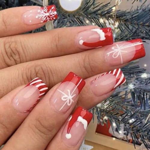 Christmas Press on Nails Short Fake Nails Red Santa Hat French Tip Glue on Nails Red White Stripes Snowflake Bow Pattern False Nails Press ons Square Xmas Stick on Nails for Women 24 Pcs | Amazon (US)
