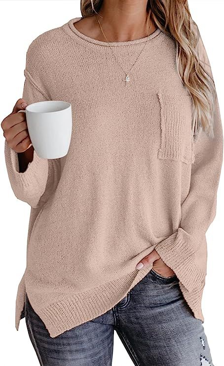 Imysty Womens Sweaters Crewneck Long Sleeve Side Slit Casual Pullover Sweater Knitted Jumper Tops | Amazon (US)