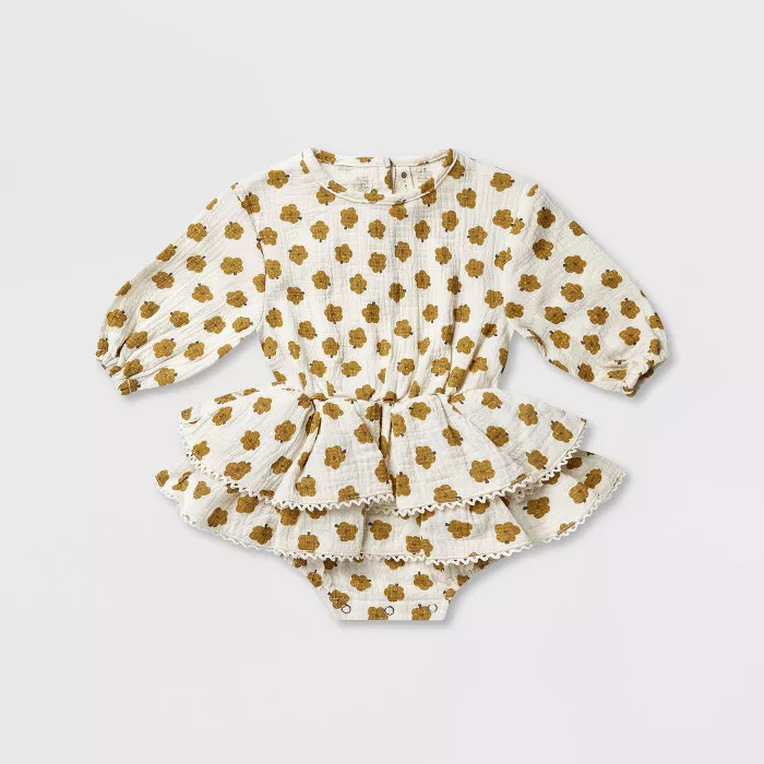 Q by Quincy Mae Baby Girls' Floral Rosie Romper - Light Beige | Target