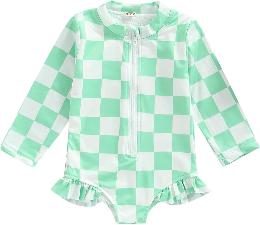 Karuedoo Baby Girls One Piece Swimsuit Zip Rash Guard Swimwear Ruffled Long Sleeve Bathing Suit | Amazon (US)