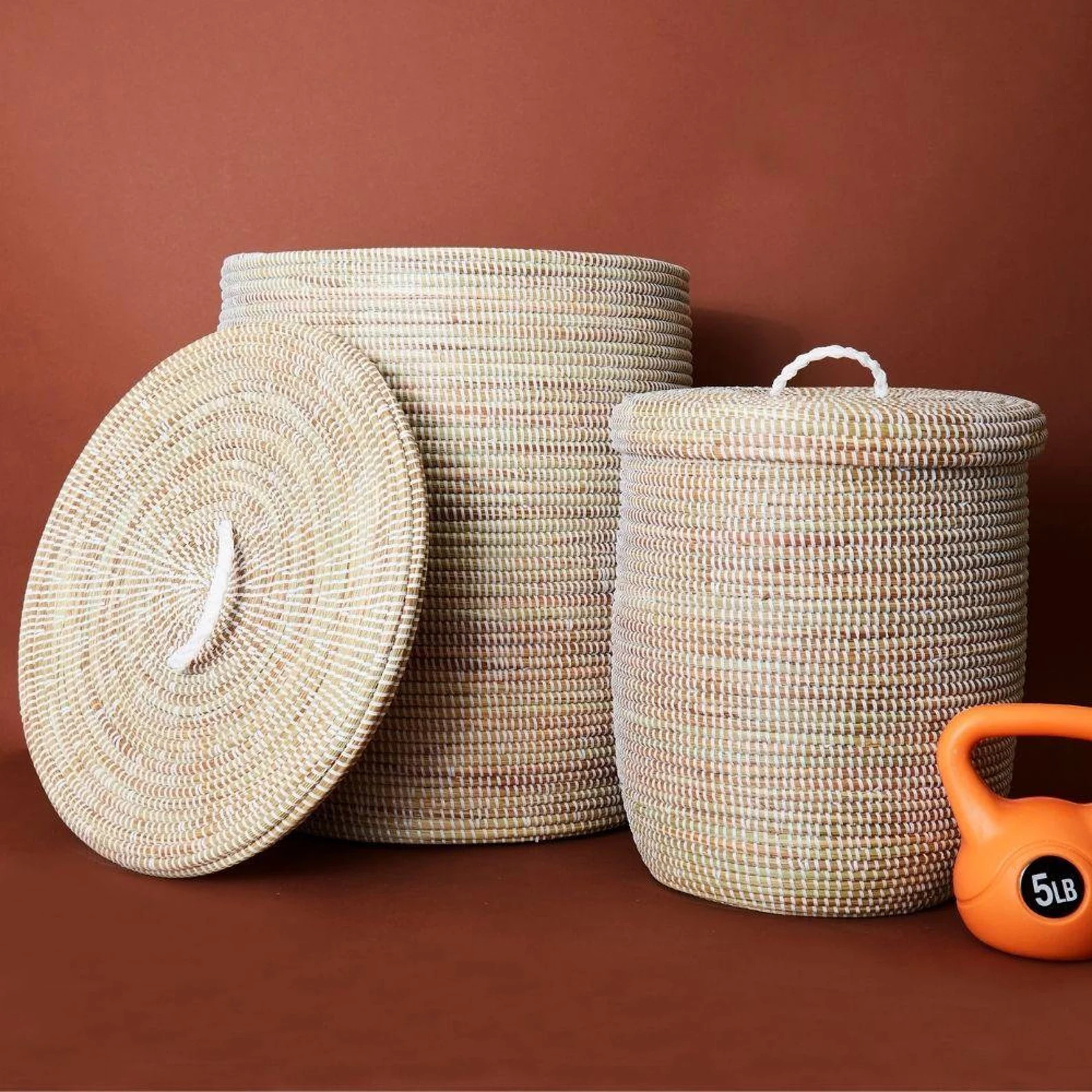Senegal White Hand Woven Grass Basket Set with Lids | Etsy | Etsy (US)