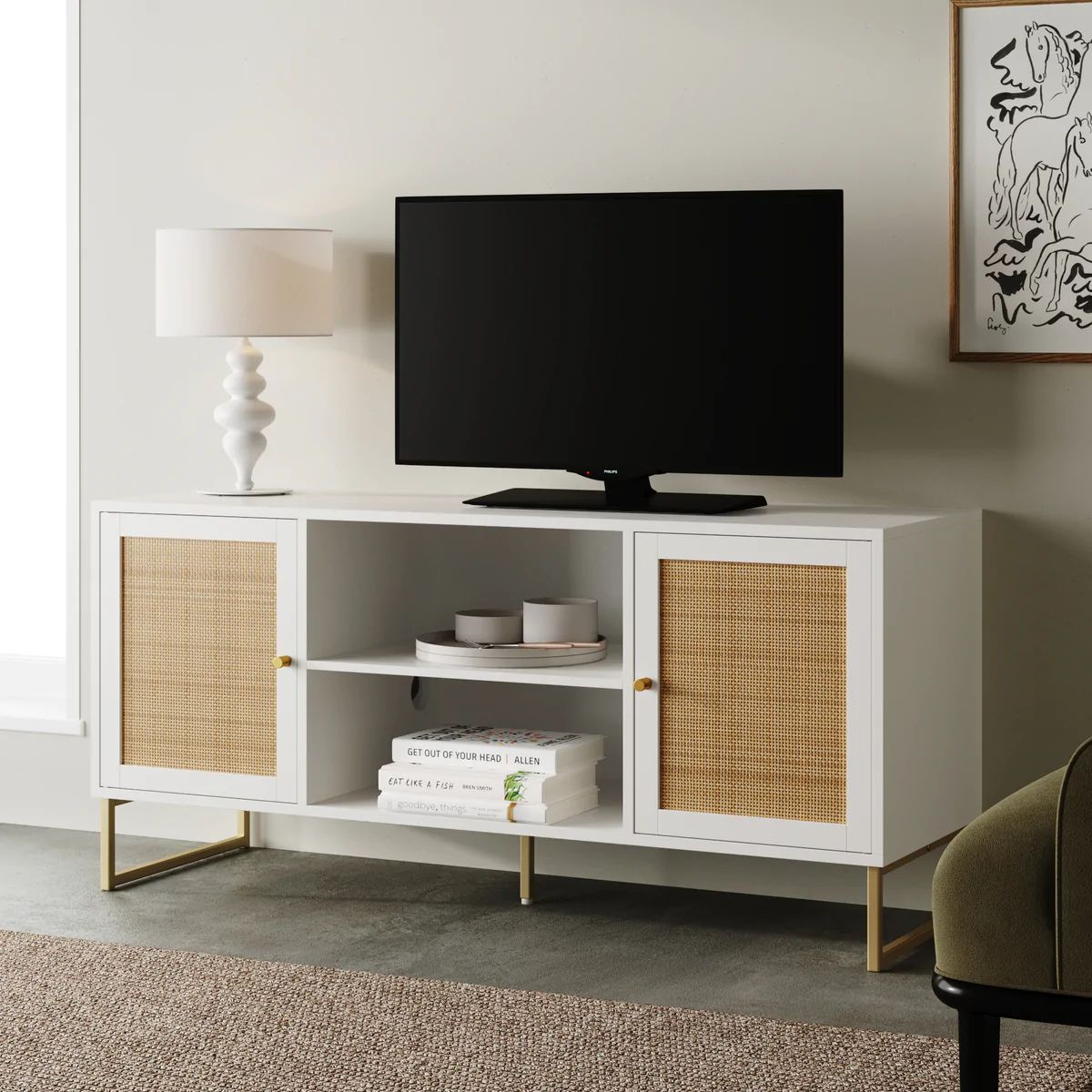 Mina Modern TV Stand Entertainment Cabinet Media Console Oak Wood and Black Accents w/ Storage Do... | Nathan James