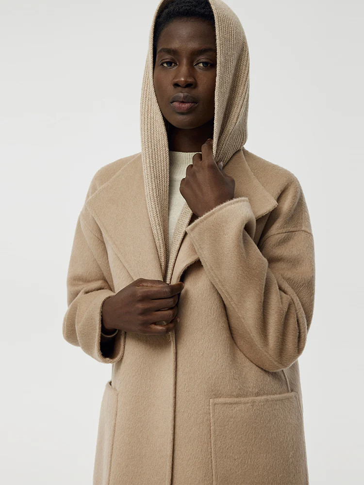 Alpaca Wool Women Overcoat With Hooded Scarf | GOELIA