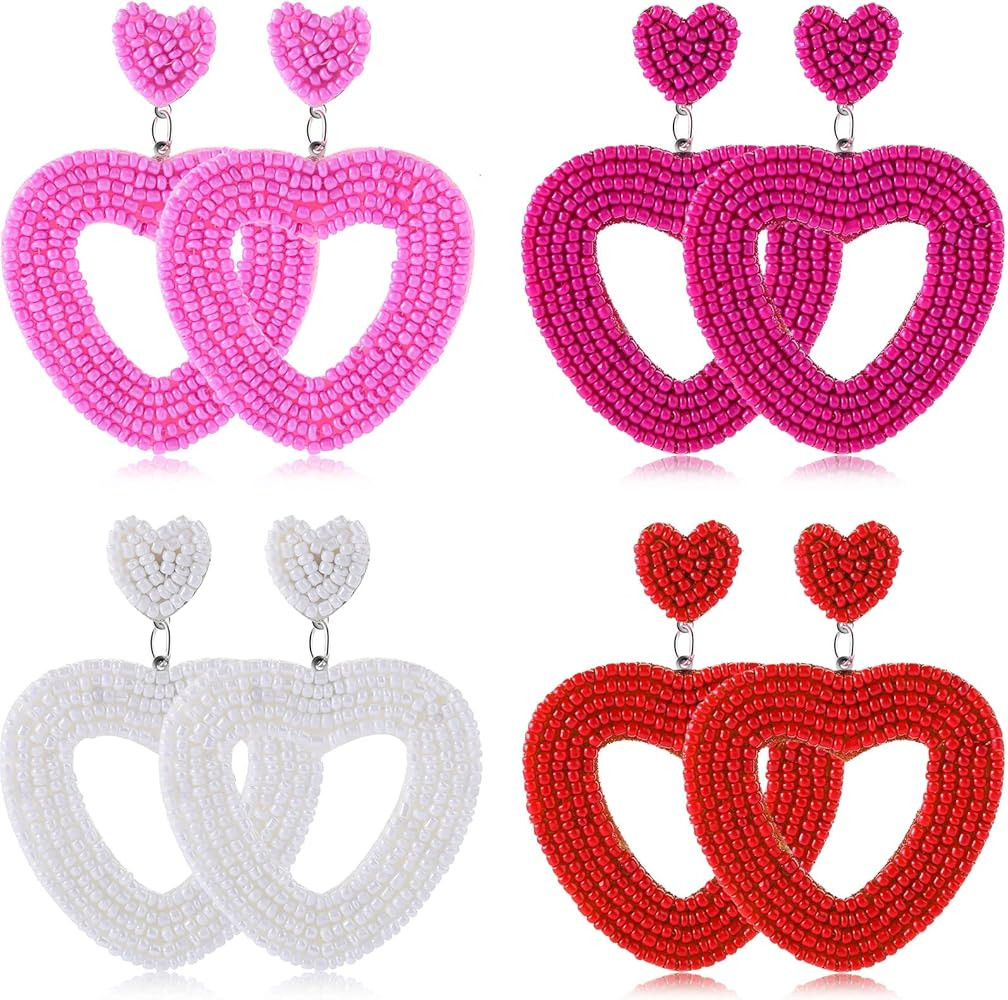 4 Pairs Valentine‘s Day Earrings for Women Red Pink White Beaded Heart Earrings Heart Dangle Ea... | Amazon (US)