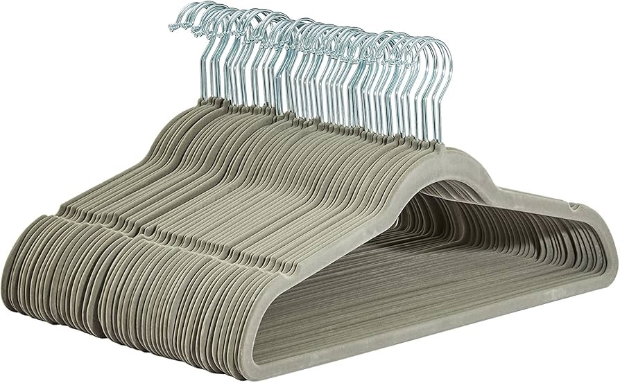 Amazon Basics Slim, Velvet, Non-Slip Suit Clothes Hangers, Gray/Silver - Pack of 50 | Amazon (US)