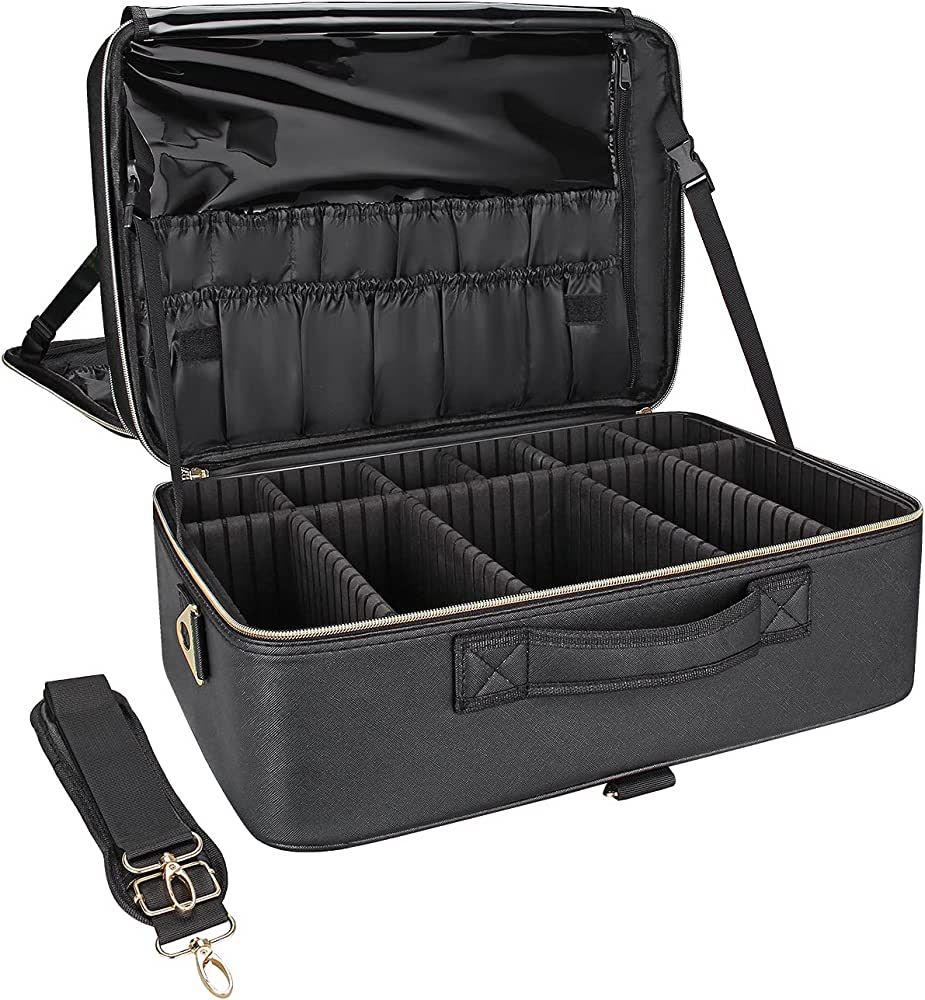 Relavel Extra Large Makeup Bag, Makeup Case Professional Makeup Artist Kit Train Case Travel Cosmetic Bag Brush Organizer, Waterproof Leather Material, with Adjustable Shoulder Straps and Dividers | Amazon (US)