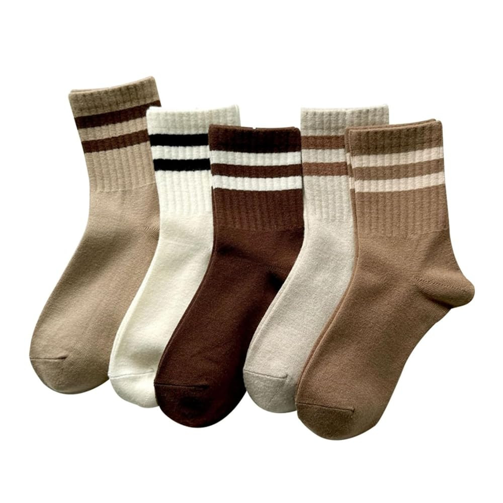 Deeorla Womens Striped Crew Socks Brown Vintage Retro Athletic Socks 5 Pairs | Amazon (US)