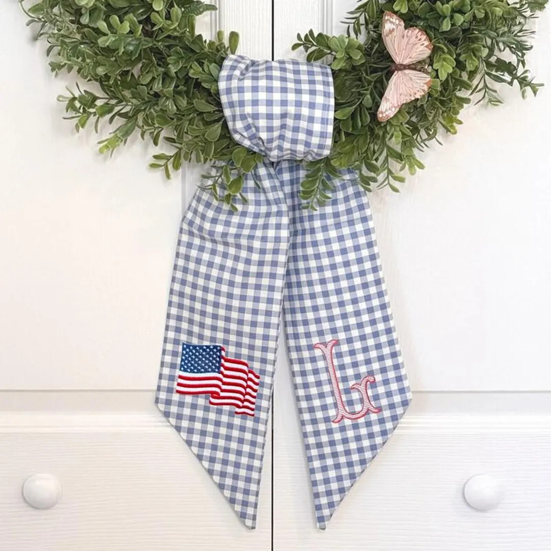 Linen Wreath Sash With American Flag | Personalized Monogrammed Cotton Classic Embroidered Bow | ... | Etsy (US)