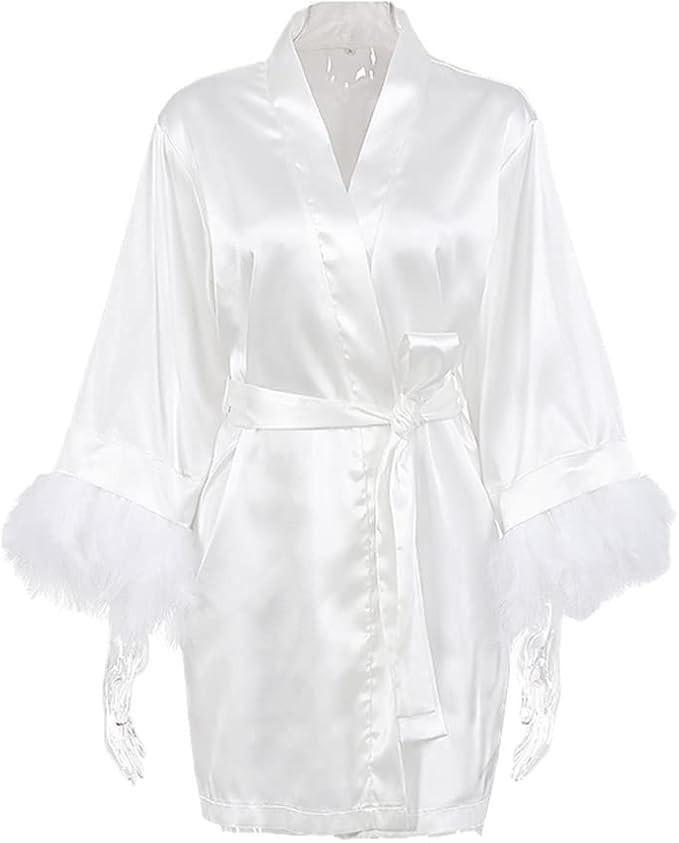 White Feather Sleeves Sleepwear Satin Robes for Women Nightgown Bride Robe Dress Bathrobe Female | Amazon (US)