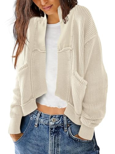 SENSERISE Womens Cardigan Sweaters Chunky Cable Knit Sweater Open Front Long Sleeve Outerwear Coats Fall Outfits(Cream Beige,XL) | Amazon (US)