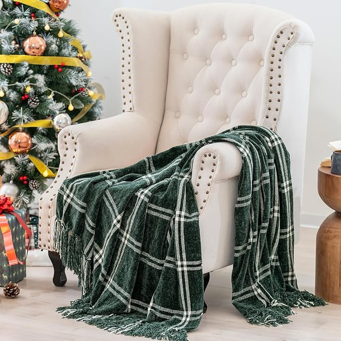 EVERGRACE Plaid Chenille Throw Blanket for Couch, Super Soft Cozy Decorative Windowpane Grid Plai... | Amazon (US)