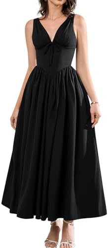 GLNEGE Women's Summer Corset Midi Milkmaid Dress Casual V Neck Flowy A Line Sundress Wedding Gues... | Amazon (US)