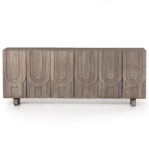 Celia Global Bazaar Aged Grey Carved Wood Media Console | Kathy Kuo Home