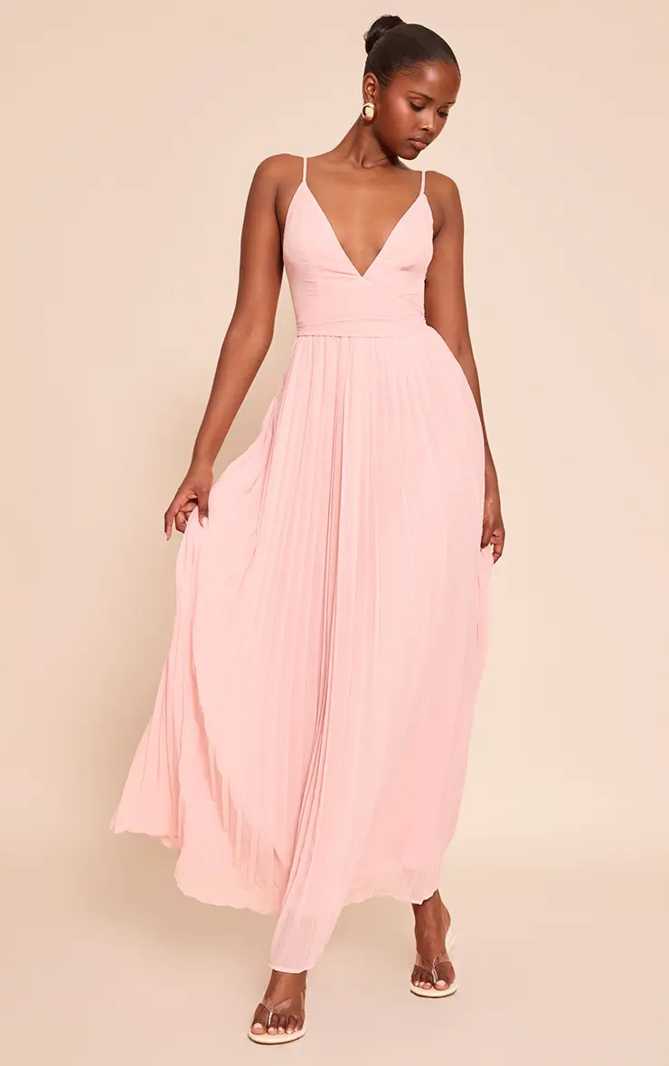 Blush Chiffon Strappy Pleated Belt Detail Maxi Dress | PrettyLittleThing | PrettyLittleThing UK
