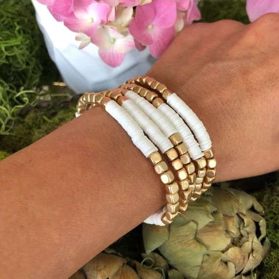 Set of 5 Gold Tone Square Beaded Bracelet White Rubber disc Metal Stretch Trendy Stacking | Etsy (US)