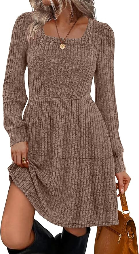 Sampeel Womens Square Neck Long Sleeve Fall Dresses Casual Babydoll Sweater Dress | Amazon (US)