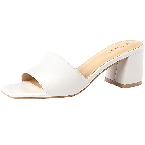 PIZZ ANNU Women's Square Open Toe Heels Sandals Low Block Chunky Heeled Sandal Slip on Mules Comfortable Casual Dress Pumps Shoes, Off White 9 | Amazon (US)