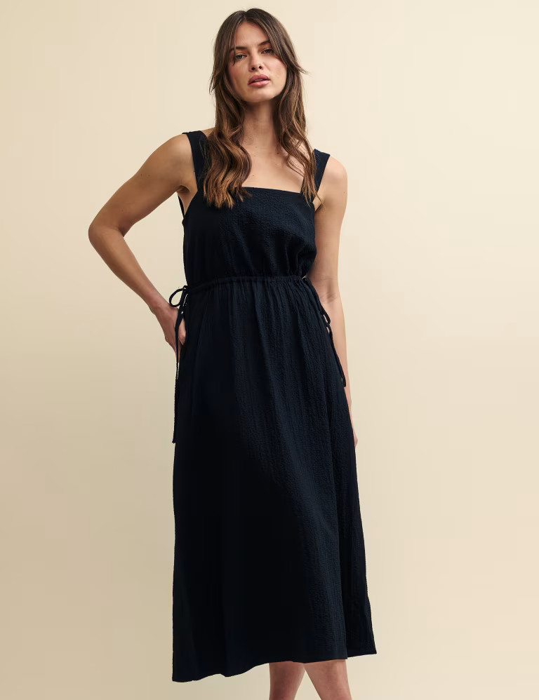 Cotton Blend Square Neck Midi Waisted Dress | Marks & Spencer (UK)