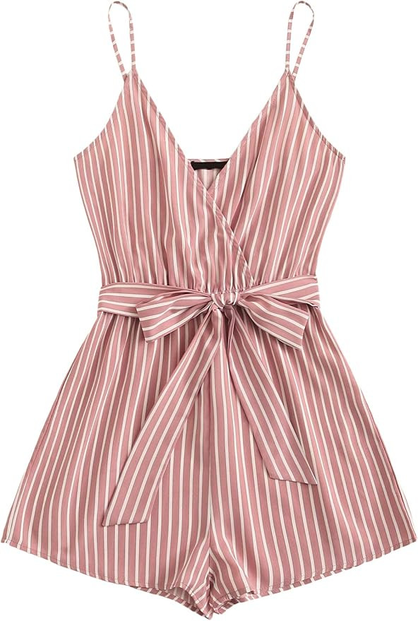 SweatyRocks Women's Boho Floral Print V Neck Beach Shorts Romper Jumpsuit With Belt | Amazon (US)