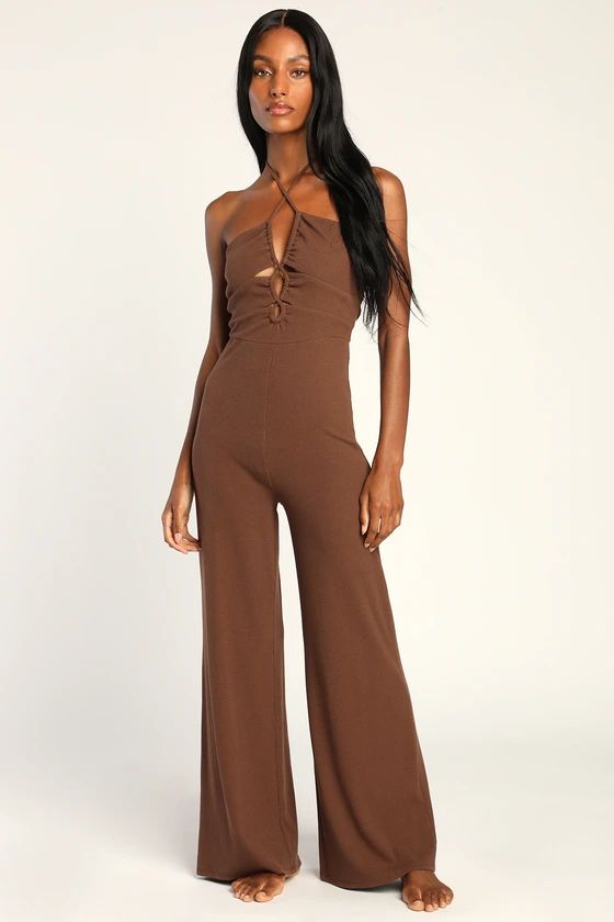 Easy Afternoon Brown Ribbed Knit Halter Lounge Jumpsuit | Lulus (US)