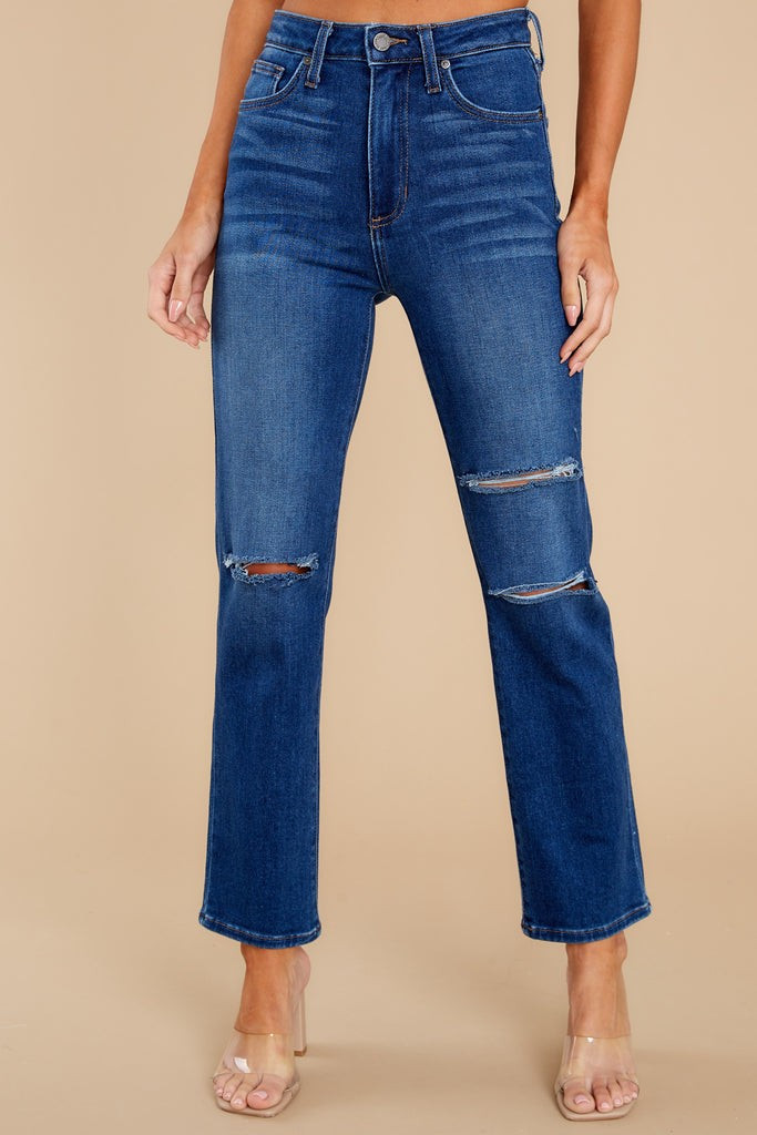 The Wait Is Over Dark Wash Distressed Straight Jeans | Red Dress 