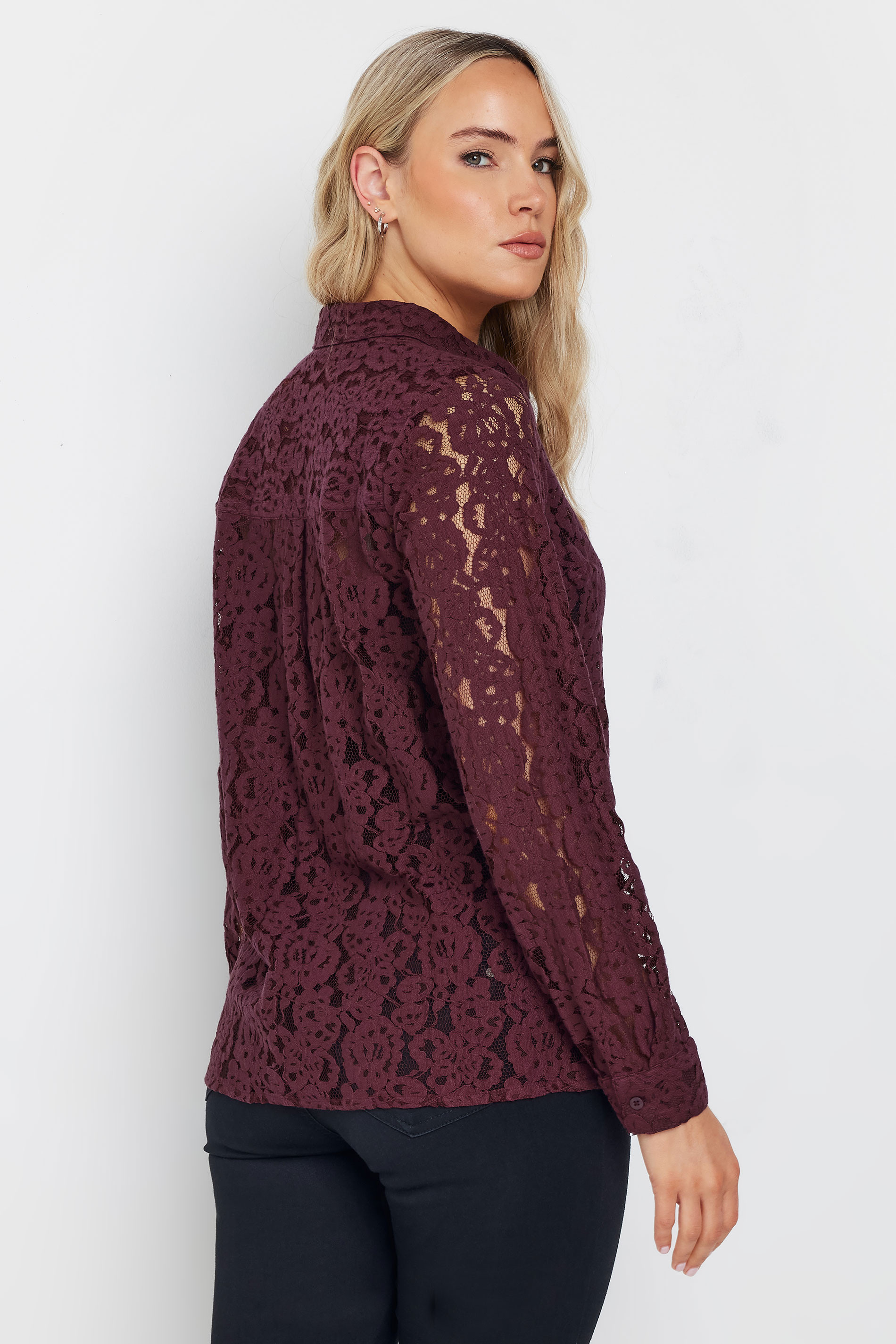 LTS Tall Burgundy Red Lace Long Sleeve Shirt | Long Tall Sally