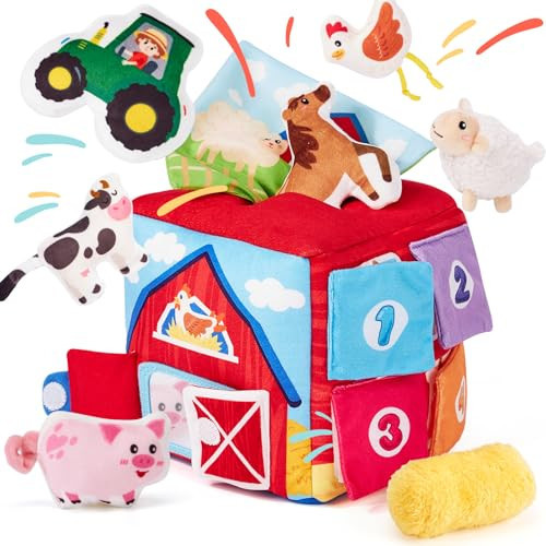 hahaland Baby Toys 6-12 Months - 13 PCS Whats Inside Box Surprise Developmental with Stuffed Farm Animals, Rattle, Crinkle Tissue, Squeaker, Mirror, Soft Sensory Montessori Toy for Babies 7 8 9 Month | Amazon (US)