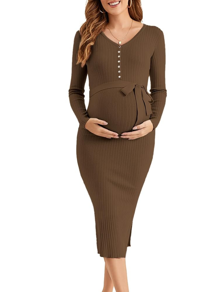 Ecavus Women's Long Sleeve Maternity Sweater Dress for Baby Shower V Neck Slit Maternity Photosho... | Amazon (US)