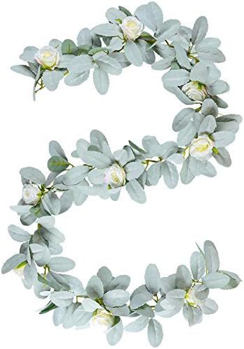 Miracliy 5FT Artificial Lambs Ear Eucalyptus Garland with Flowers, Fake White Rose Hanging Flower... | Amazon (US)