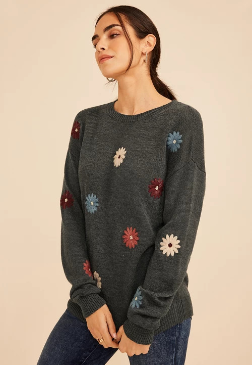 Embroidered Floral Crew Neck Sweater | maurices | Maurices