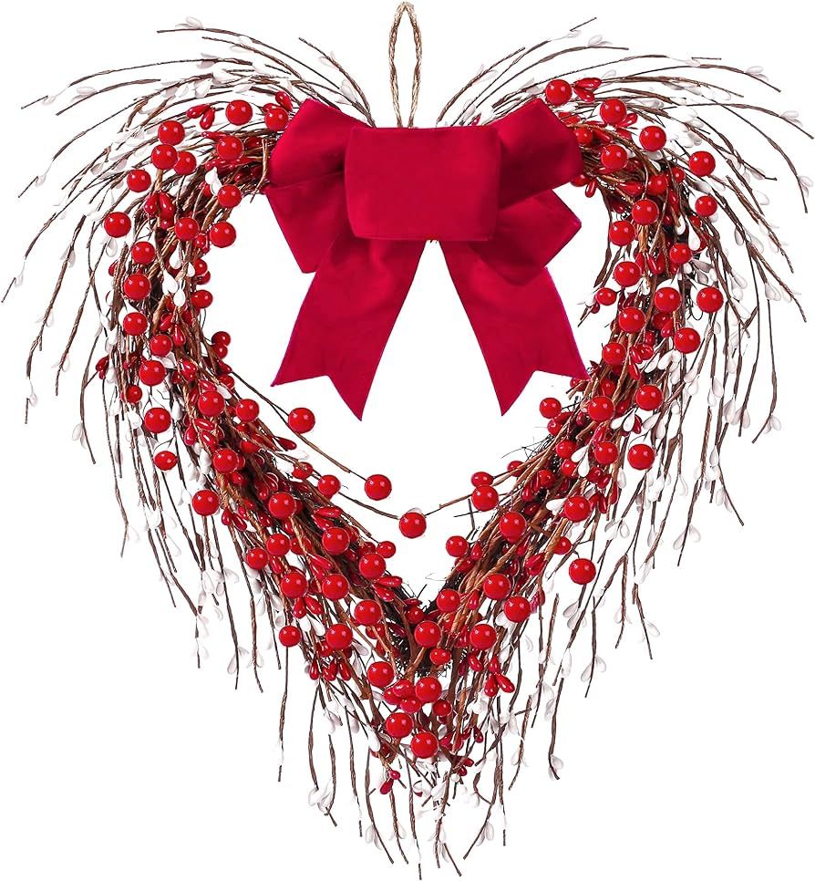 Sggvecsy 17in Valentine's Day Heart Wreath with Berry Red Heart Wreaths Handmade Valentines Day W... | Amazon (US)