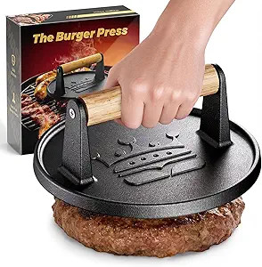 Smash Burger Press 6.5”,Cast Iron Flat Round Edge Grill/Bacon/Meat/Hamburger/Chef Press with Wo... | Amazon (US)