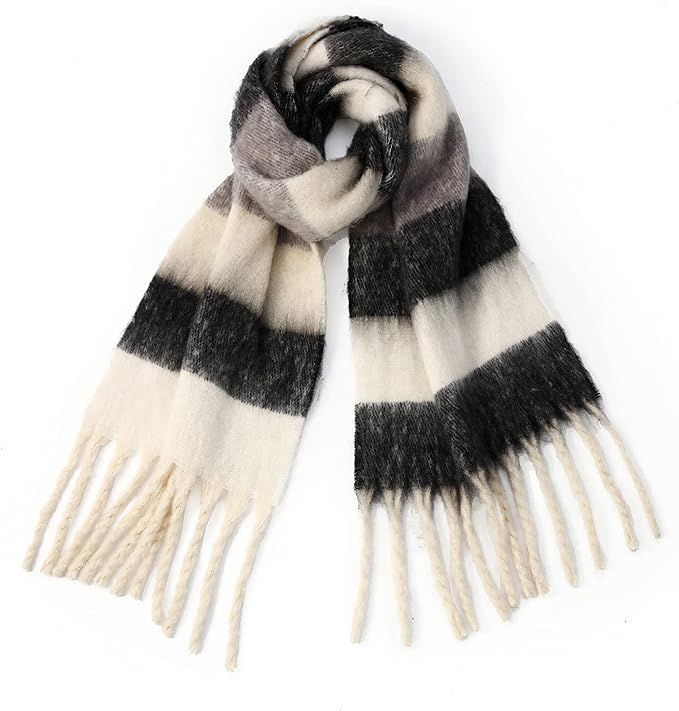 Women's Fall Winter Classic Tassel Striped Scarf Warm Soft Blanket Shawl Plaid Scarves | Amazon (US)