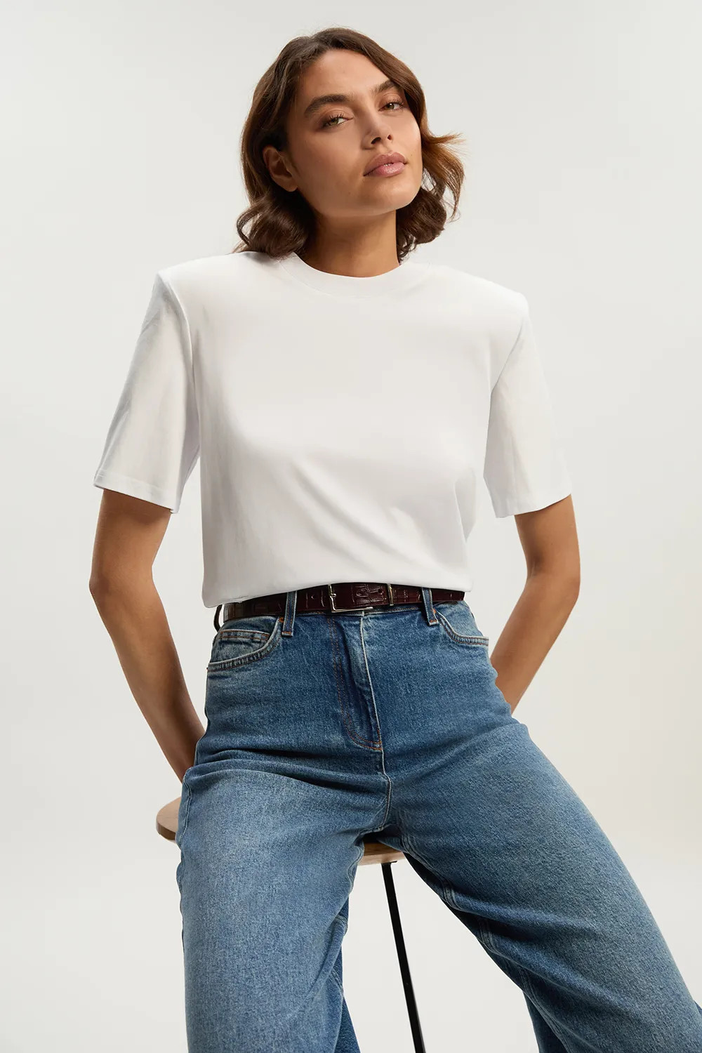 Power Shoulder Jersey T-Shirt | Karen Millen UK + IE + DE + NL