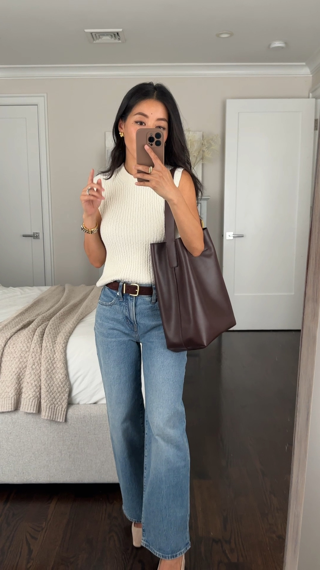 Up to 30% off Madewell w code HARVEST - sale picks linked (except these blue jeans)

•Bucket tote - a chic quiet luxury tote with nice slouch and fits a work laptop easily. This is the color “Chocolate Raisin” - gorgeous brown burgundy. I cut the tail end of the strap a little shorter and you can’t tell

 • Madewell Perfect Vintage wide leg jeans size 24 petite - a full length version of my favorite wide leg crop jeans so flattering and the petite length is perfect if I wanted to wear with flats or sneakers Size 24 petite measures 12.75” across waist, 9.5” rise, 26.75” inseam. 

•boucle sweater tank - sold out but linked very similar AF top which I like 

• Simple Suede belt xxs. Love this color and also have the classic black which I wear often - linked black because chocolate is sold out. 

•Ann Taylor shoes (old; linked a similar style)

#LTKSaleAlert #LTKItBag #LTKFindsUnder100