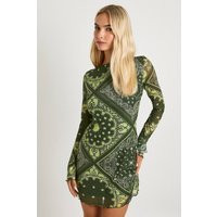 boohoo Women's Mesh Paisley Flare Sleeve Mini Dress in Green | Size: 4 | boohoo (US & Canada)