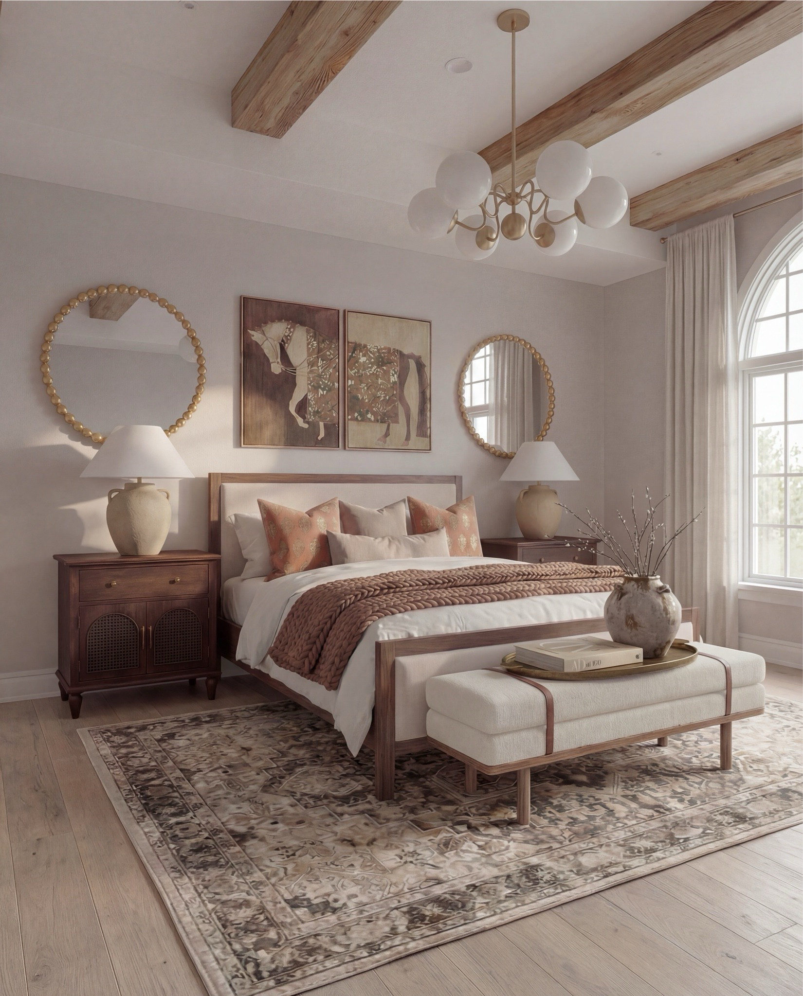 Shop the Look:• Wood platform bed frame with upholstered inset• White cotton duvet cover + layered neutral pillows• Terracotta patterned accent pillows• Chunky knit throw blanket (warm rust tone)• Neutral vintage-style area rug (beige and brown tones)• Upholstered bench with leather strap detail• Wood nightstands with brass hardware• Ceramic table lamps with linen shades• Brass chandelier with globe shades• Round gold-frame wall mirrors• Framed equestrian artwork set• Mid-century style wood dresser• Upholstered accent chair with wood arms• Round black fluted side table• Abstract neutral wall art with brass picture light• Large ceramic decorative vases

#LTKSaleAlert #LTKHome