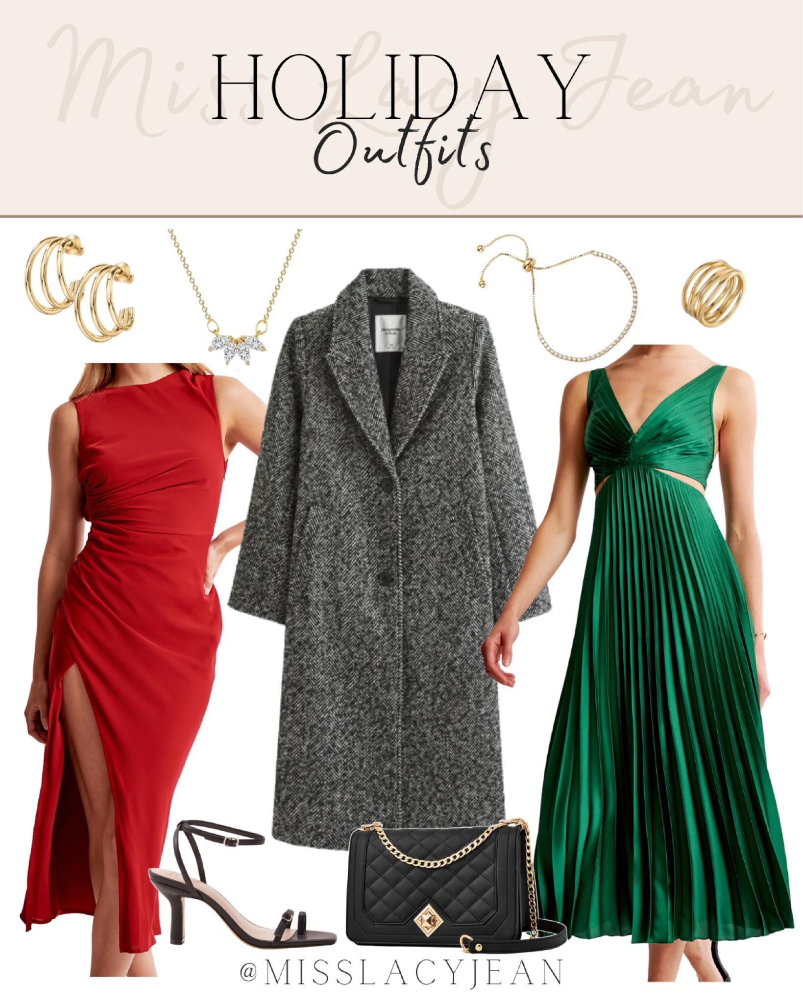 Holiday outfits include red dress, green dress, dress coat, gold ring? Gold bracelet, gold earrings, gold necklace, black handbag, black heels.

Holiday outfit, holiday dress, Christmas dress, Christmas outfit

#LTKstyletip #LTKSeasonal #LTKHoliday