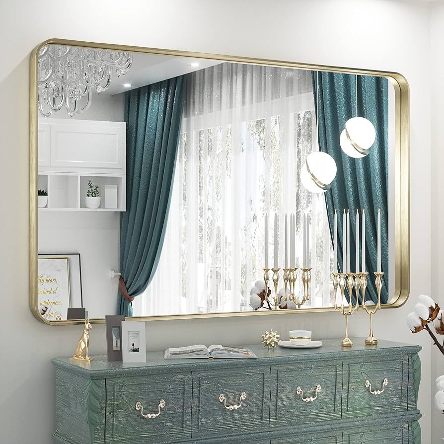 TETOTE 55x36 Inch Bathroom Mirror, Brushed Brass Gold Vanity Mirror, Modern Rectangle Metal Frame... | Amazon (US)