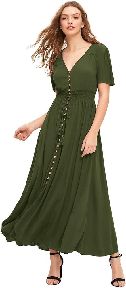 Milumia Women's Button Up Split Flowy Short Sleeve Plain A Line Party Maxi Dress | Amazon (US)