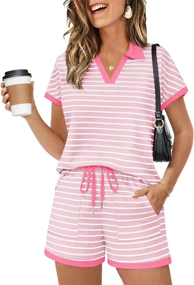 Yousify Womens Lounge Sets Two Piece Sets Summer Polo Shirts and Drawstring Shorts Matching Cloth... | Amazon (US)