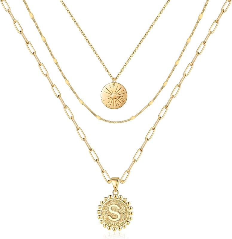 Gold Layered Initial Necklaces for Women, Dainty 14k Gold Plated Handmade Coin Initial Necklace L... | Amazon (US)