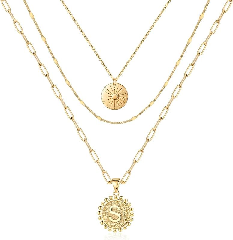 Gold Layered Initial Necklaces for Women, Dainty 14k Gold Plated Handmade Coin Initial Necklace L... | Amazon (US)
