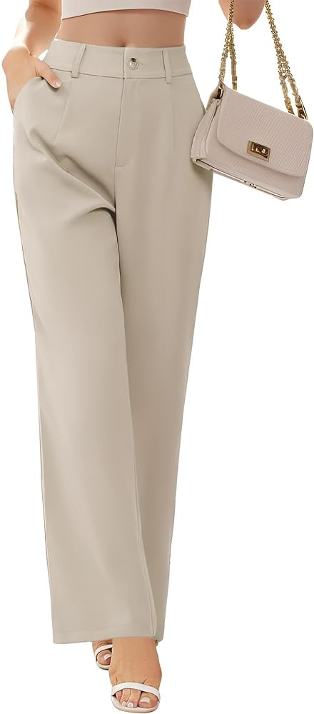 Womens Business Pants High Waisted Wide Leg Pants Straight Long Work Trousers with Pockets | Amazon (US)
