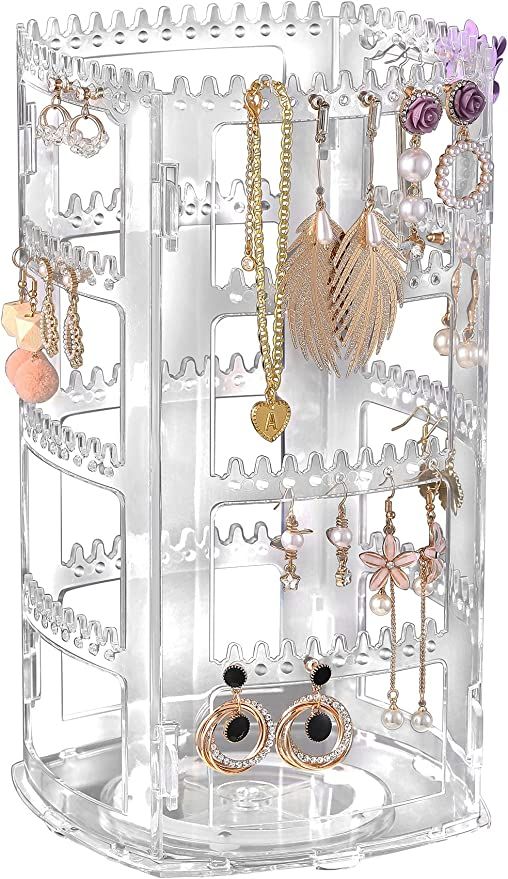 360 Degree Acrylic Earring Holder, 4 Layers Jewelry Hanger Organizer Tree Display Stand for Earri... | Amazon (US)