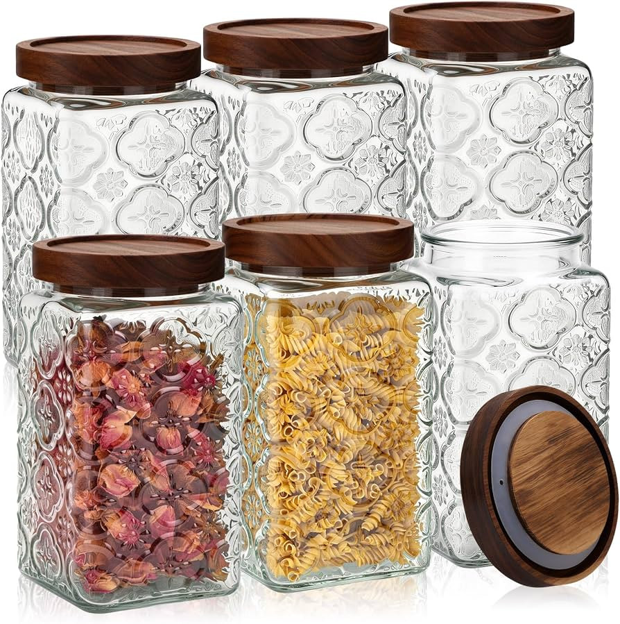 Domensi 6 Pack Vintage Glass Jars with Lids 34 oz with Begonia Pattern Acacia Wood Mason Jar Lids... | Amazon (US)