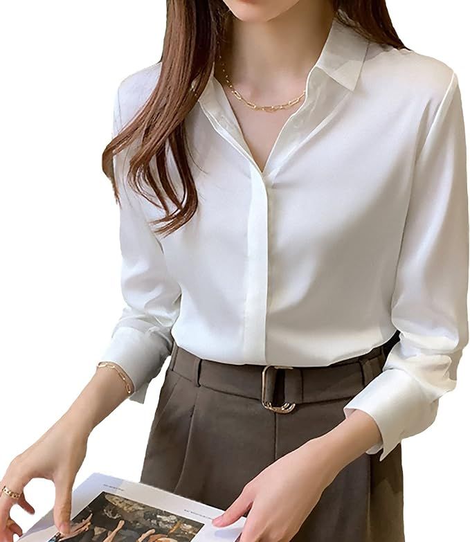 Women's Satin Blouse Fashion Long Sleeve Satin Silk Shirt Work Office Top Casual Shirt | Amazon (US)