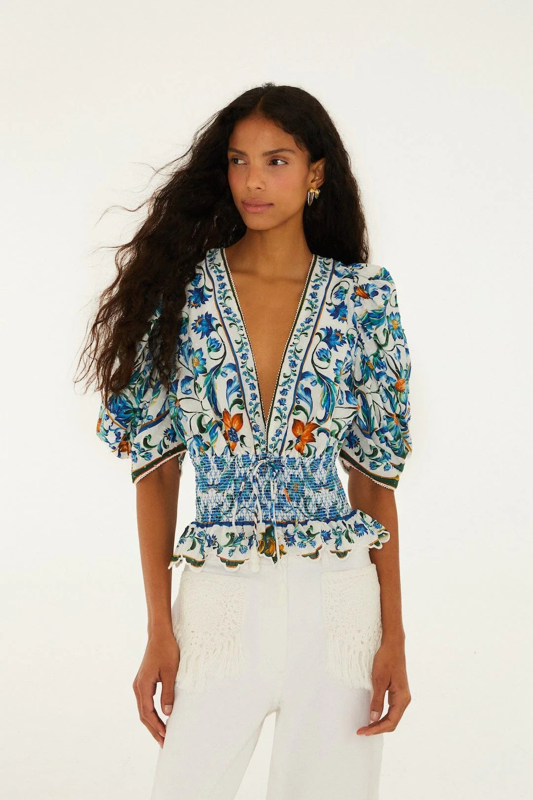 Off-White Flora Tile Smocked Organic Cotton Blouse | FARM Rio | Farm Rio UK