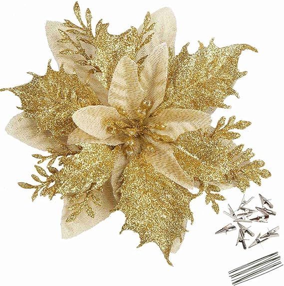 Greentime 12 Pcs 14cm / 5.5in Gold Poinsettia Artificial Flowers with Clips and Stems Glitter Chr... | Amazon (US)